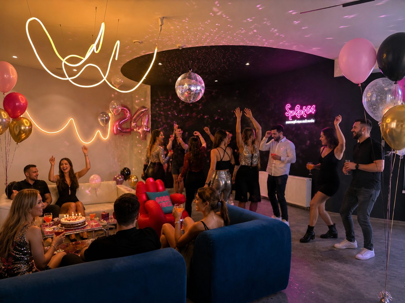 SPLOT 64 — impreza urodzinowa z neonem, kulą disco i balonami